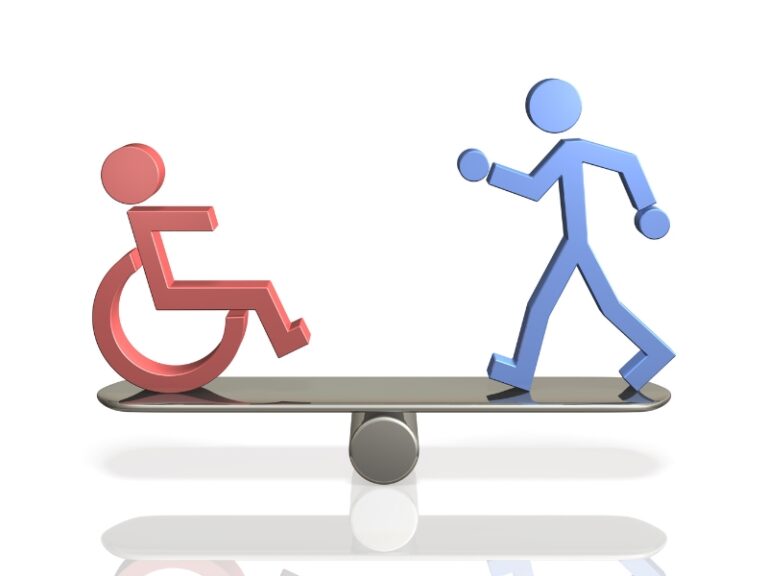 Balance scale showing wheelchair user and walking figure symbolising equality in NDIS participant rights and responsibilities.